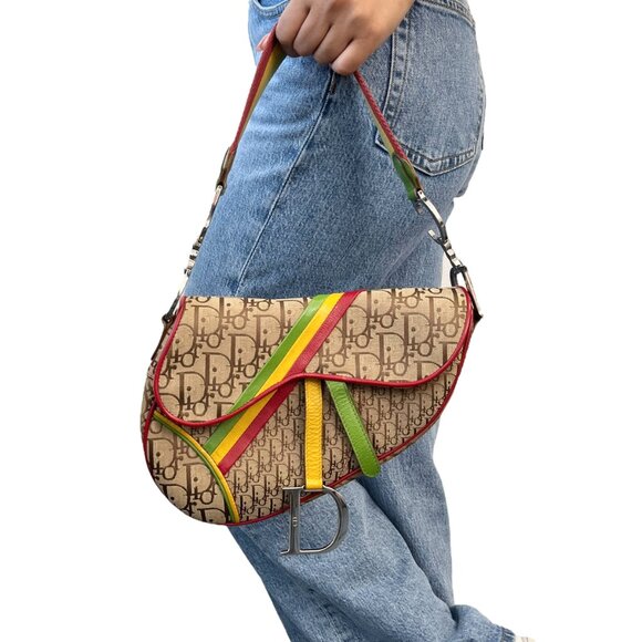 Christian Dior Vintage 2004 Trotter Monogram Logo Saddle Bag Rasta [105655] - Picture 4 of 13